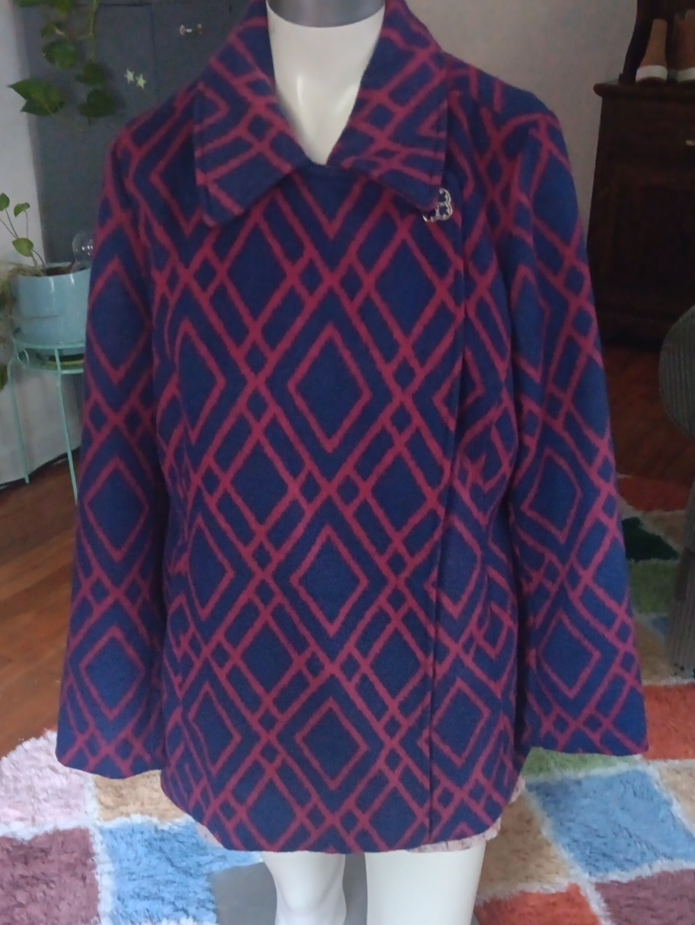 C. Wonder Diamond Print Pea Coat in Blue & Berry